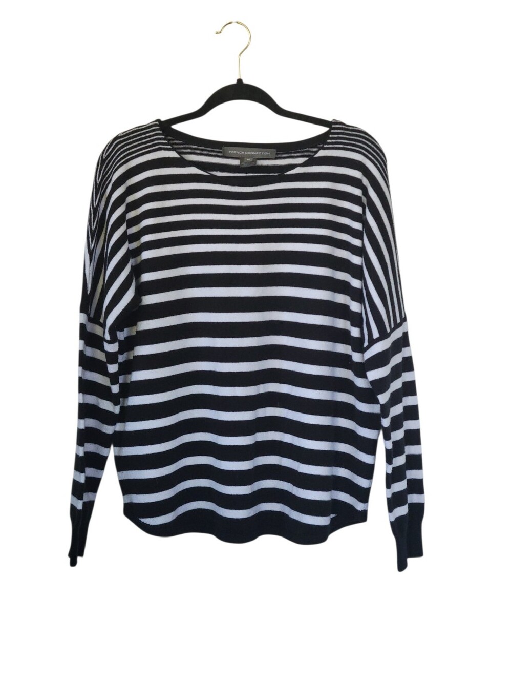 French Connection Striped Dolman Sweater M Parisian Chic Oversized Black White